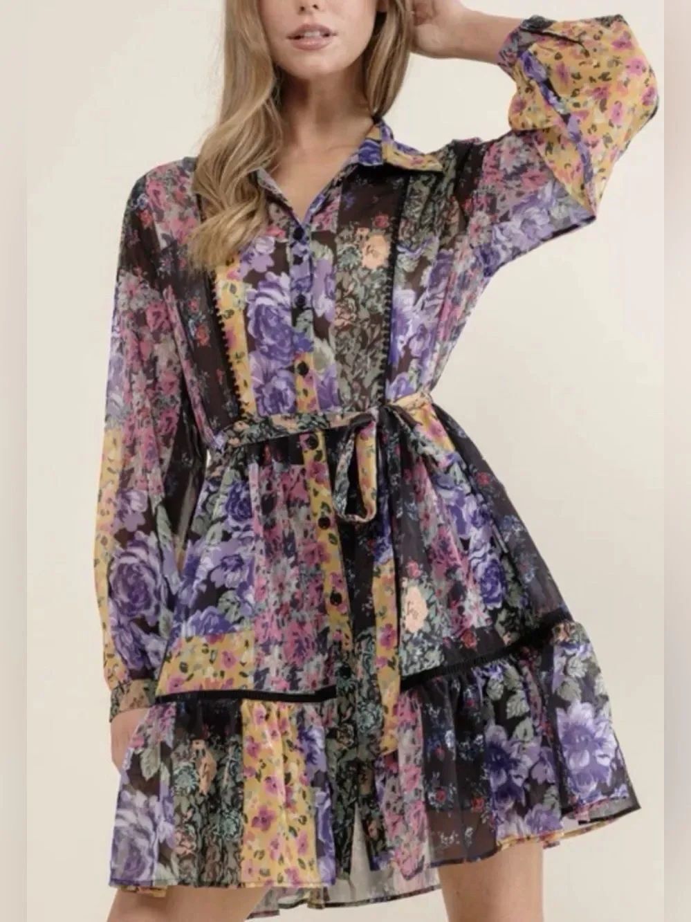 Zara Colorful Flowy Dress Color Block Artsy Amelie Dress Floral Chiffon XS
